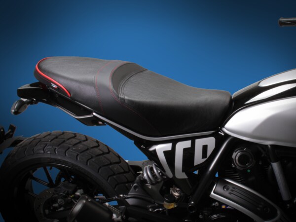 Sargent World Sport Motorcycle Seat on the 2023+ Ducati Scrambler bike with Red Accents Two-Up Style - available with yellow accents